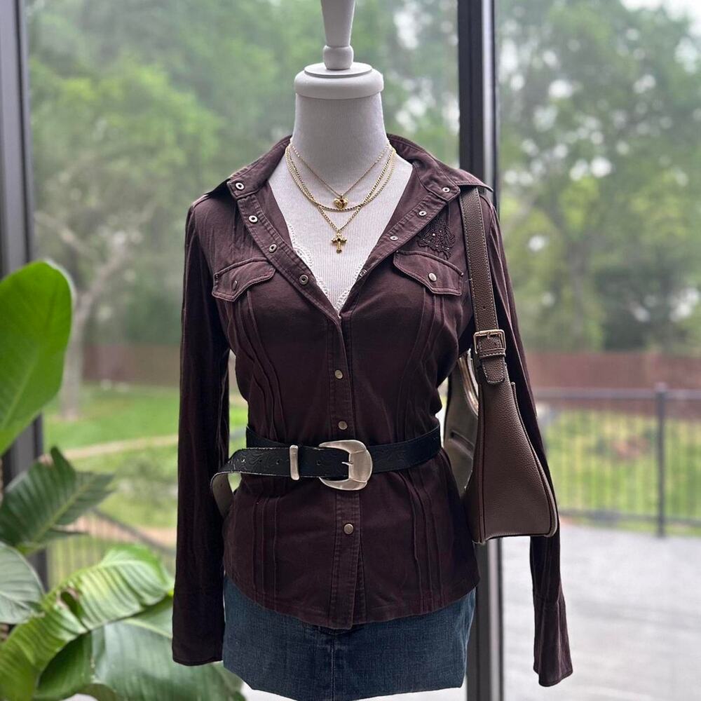 Leilian Brown Button Up Western Shirt Japanese Designer Top